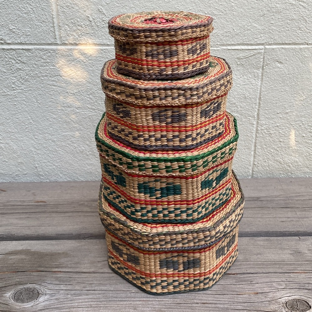 Vintage Sweetgrass Set of 4 Stacking Baskets Octagon Gorgeous